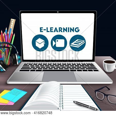 E-learning Online School Vector Banner Design. E-learning Text In Laptop Device With Educational Too