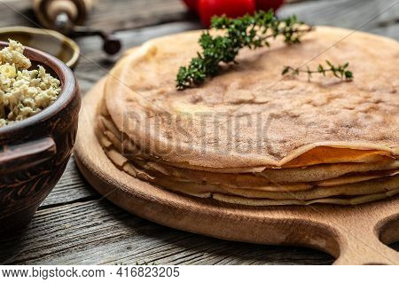 Russian Pancakes With Meat. Traditional Maslenitsa Meal. Homemade Filled By Chicken Meat Crepe Rolls