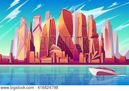 Moscow City Skyline Cartoon Vector Panoramic Background With International Business Center Complex F