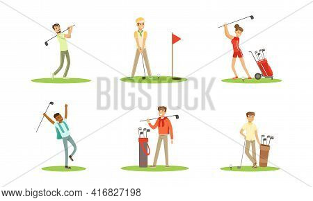 Golf Players Set, Cheerful People Training With Golf Clubs, Sports Activity, Hobby Cartoon Vector Il