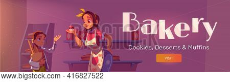 Bakery Poster With Woman, Girl And Cakes On Shelves. Vector Flyer Of Pastry Store With Cartoon Illus