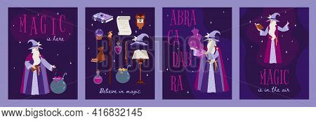 Magic And Witchcraft Cards With Wizard And Magic Items Flat Vector Illustration.