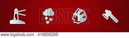 Set Lighthouse, Cloud With Snow, Native American Indian And Wooden Axe Icon. Vector