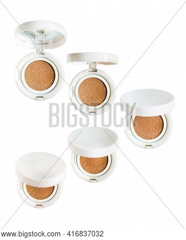 Set Of 5 Foundation Cushion Powder With Various Open Lids. Cosmetic Face Powder Isolated On White Ba