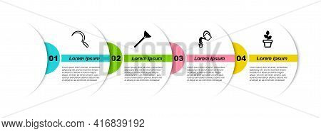 Set Line Sickle, Garden Rake For Leaves, Watering Can And Flowers Pot. Business Infographic Template