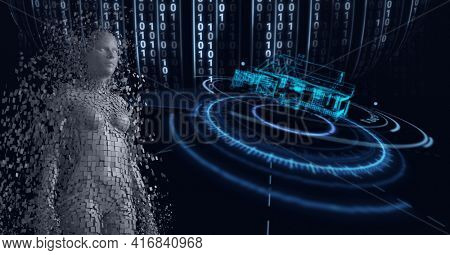 Composition of grey human digital model over scope scanning and binary coding processing. global technology, digital interface and data processing concept digitally generated image.