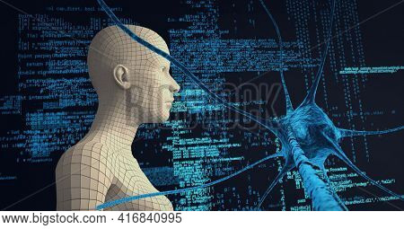 Composition of human digital head over neuron cell and data processing. global technology, digital interface and data processing concept digitally generated image.