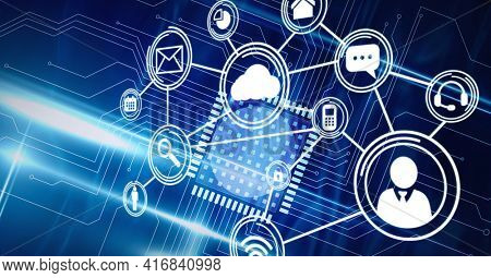 Composition of network of digital icons over computer processor circuit board. global digital interface and technology concept digitally generated image.