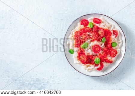 Konjac Pasta With Tomatoe Sauce, Shot From The Top
