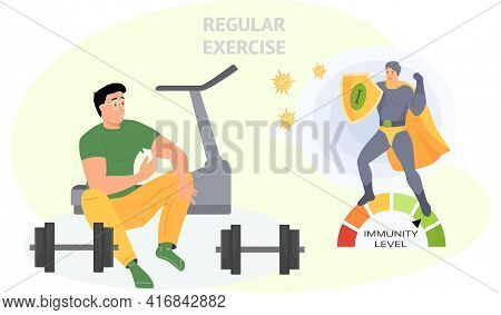 Immunity Level Increases Due To Sports. Man Exercising With Dumbbells On Background Of Threadmill
