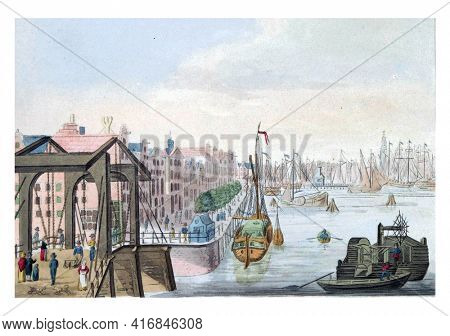 Exterior in Amsterdam, vintage engraving.