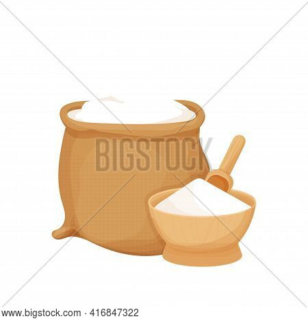 Rustic Bag, Wooden Bowl And Spoon With White Flour In Cartoon Flat Style Isolated On White Backgroun