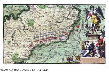 Map showing the order of battle of the troops at the Battle of Oudenaarde, vintage engraving.