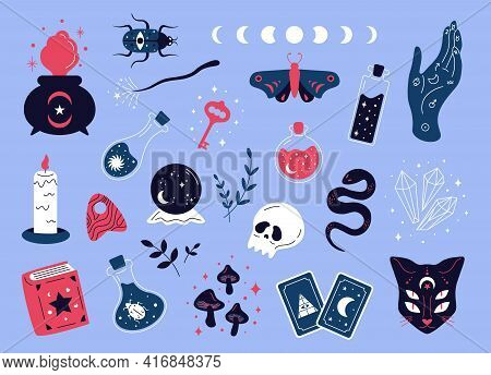 Doodle Magic Collection. Witchcraft Cartoon Elements For Magic Shop, Esoteric Symbols And Occult Mag