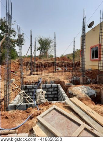 Closeup Of Construction Of New Building With Cement Block And M Sand Or Artificial Sand At Empty Fie