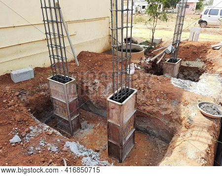 Closeup Of Construction Of New Building With Cement Block And M Sand Or Artificial Sand At Empty Fie