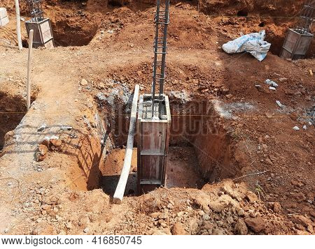 Closeup Of Construction Of New Building With Cement Block And M Sand Or Artificial Sand At Empty Fie