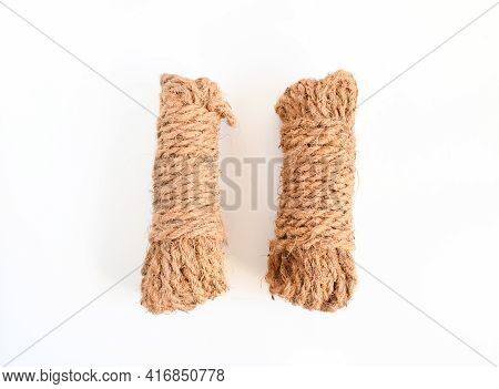 Roll Of Nature Coiled Rope ,thick Strong Rope Object On White Background, Natural Brown Shabby Style