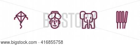 Set Line Kite, Elephant, Indian Man And Aroma Sticks, Incense Icon. Vector