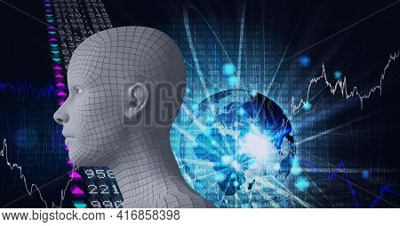 Composition of human digital head over glowing globe with network of connections and binary coding. global technology, digital interface and data processing concept digitally generated image.