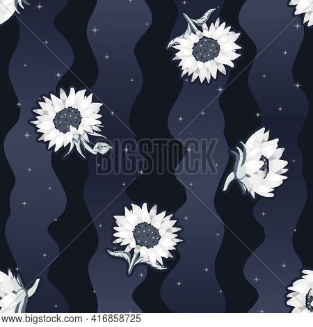 Vector Abstract Sunflowers On Loose Space Themed Stripes Seamless Pattern Background. Perfect For Fa