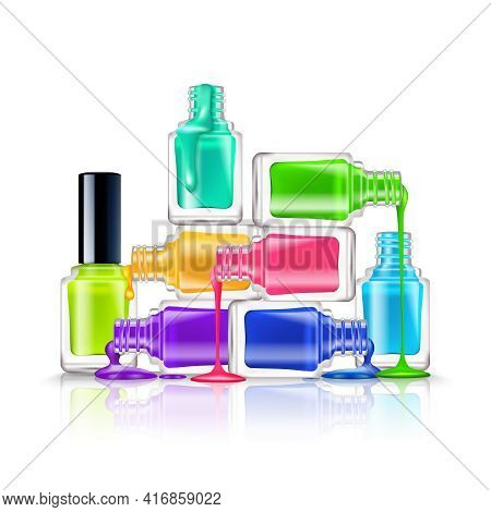 Realistic Composition Of Colorful Flourescent Nail Polishes On White Background Vector Illustration