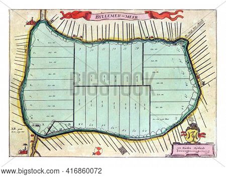 Map of the poldered Bijlmermeer, vintage engraving.