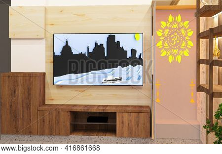 3d Rendered Pine Wood Wall Decoration With Walnut Wood Cove Light Shelve And Tv Unit.