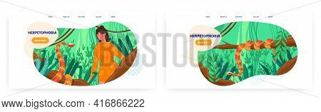 Herpetophobia Landing Page Design, Website Banner Vector Template Set. Scared Woman Experiencing Fea
