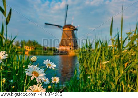 Windmills at Kinderdijk in Holland. Netherlands