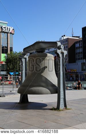 Bochum, Germany - September 17, 2020: Gigantic Bell In Front Of The City Hall In Downtown Bochum, Ge
