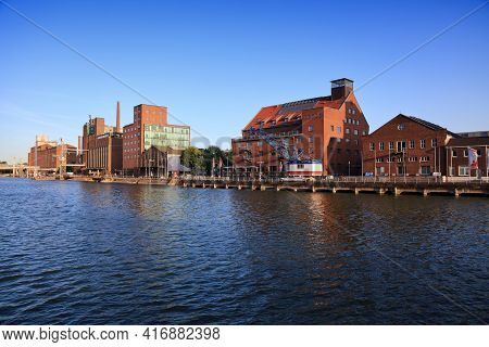 Duisburg, Germany - September 18, 2020: Skyline Of Inner Harbour (innenhafen) In Duisburg, Germany. 