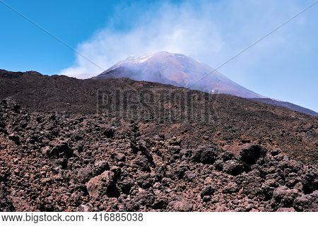 Mount Etna In Sicily Near Catania, Tallest Active Europe Volcano In Italy. Traces Of Volcanic Activi
