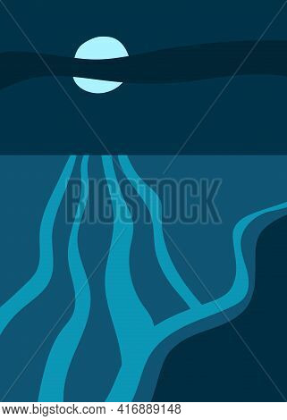 Seascape With Full Moon In The Clouds, Moonlit Path At Night. Dark Blue Vector Banner, Abstract Mini