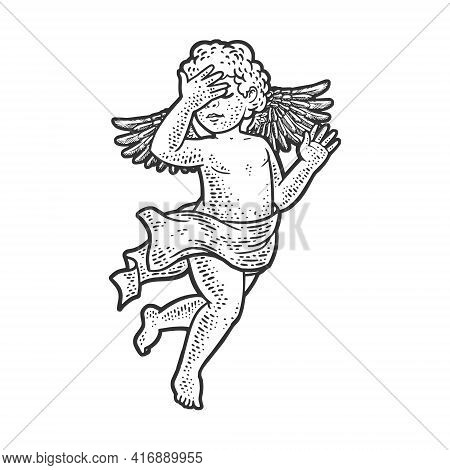 Angel Cupid Baby With Facepalm Hand Gesture Sketch Engraving Vector Illustration. T-shirt Apparel Pr
