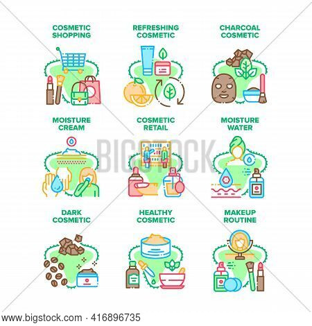 Cosmetic Retail Set Icons Vector Illustrations. Healthy Cosmetic Cream And Refreshing Dark Charcoal 