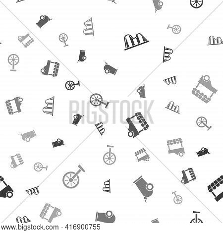 Set Roller Coaster, Cannon, Fast Street Food Cart And Unicycle Or One Wheel Bicycle On Seamless Patt