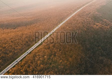 Aerial Drone Overhead Of Cars Driving Down Straight Road Through Leafless Forest Valley At Sunset. H