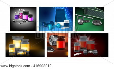 Sports Supplements Promotional Posters Set Vector. Protein Bar And Whey, Bcaa And Creatine Monohydra