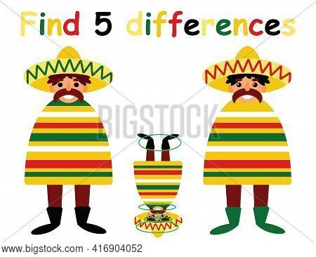 Find 5 Differences Cartoon Game For Kids Stock Vector Illustration. Happy Cinco De Mayo Activity Pag