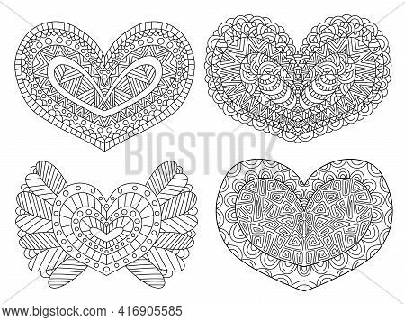 Collection Of Four Hand Drawn Ornamental Hearts Stock Vector Illustration. Symmetrical Black Outline