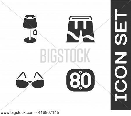 Set 80s Retro, Floor Lamp, Glasses And Short Pants Icon. Vector