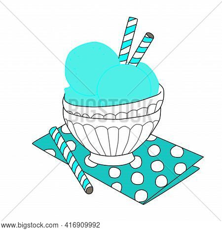 Mint Ice Cream With Waffle Tubes Placed In A Glass, Isolated On A White Background, Vector Image