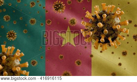 3D, Cameroonian Flag Waving With Coronavirus Outbreak. Cameroon Covid 19