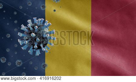 3D, Flu Coronavirus Floating Over Chadian Flag. Chad And Pandemic Covid 19