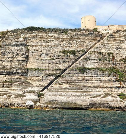 Long Stairway On The Rocks Of Aragon Kings In Bonifacio Town In Corsica In France And The Mediterran