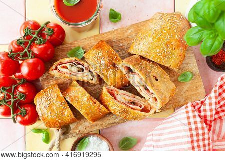 Italian Stromboli, Delicious Pizza Roll Filled With Sausage And Ham
