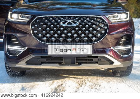 Moscow, Russia - March 18, 2021: Front View Of The New Seven-seater Minivan Chery Tiggo 8 Pro. Led O