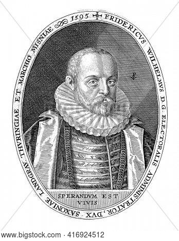 Portrait of Frederick William, Duke of Saxen-Weimar, 1595, vintage engraving.