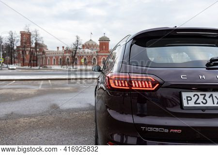 Moscow, Russia - March 18, 2021: Rear View Of The New Flagship Seven-seater Minivan Chery Tiggo 8 Pr